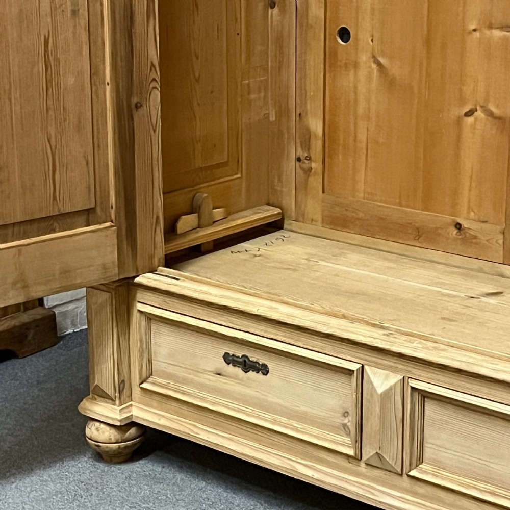 Handsome Antique Pine Double Wardrobe With Bottom Drawers (Dismantles) View V