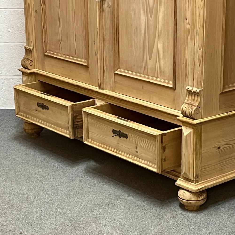 Handsome Antique Pine Double Wardrobe With Bottom Drawers (Dismantles) View VI