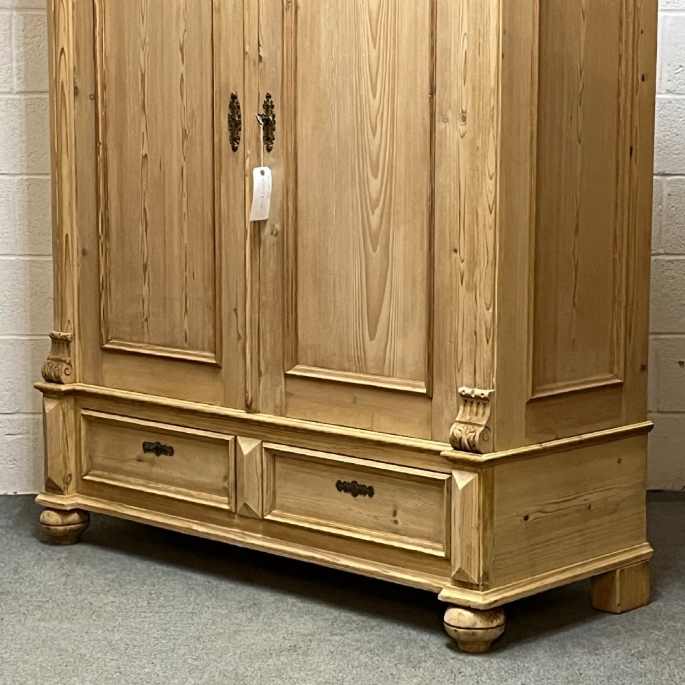 Handsome Antique Pine Double Wardrobe With Bottom Drawers (Dismantles) View VIII
