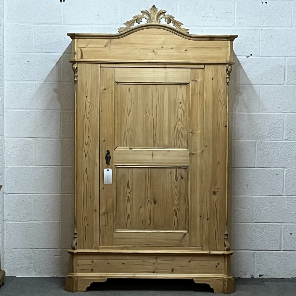 Antique Pine Wardrobe with Single Door and Ornate Crown