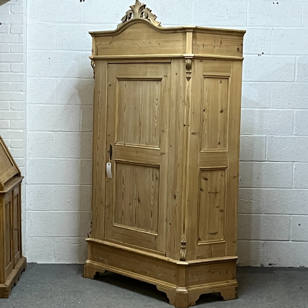 Antique Pine Wardrobe with Single Door and Ornate Crown View III
