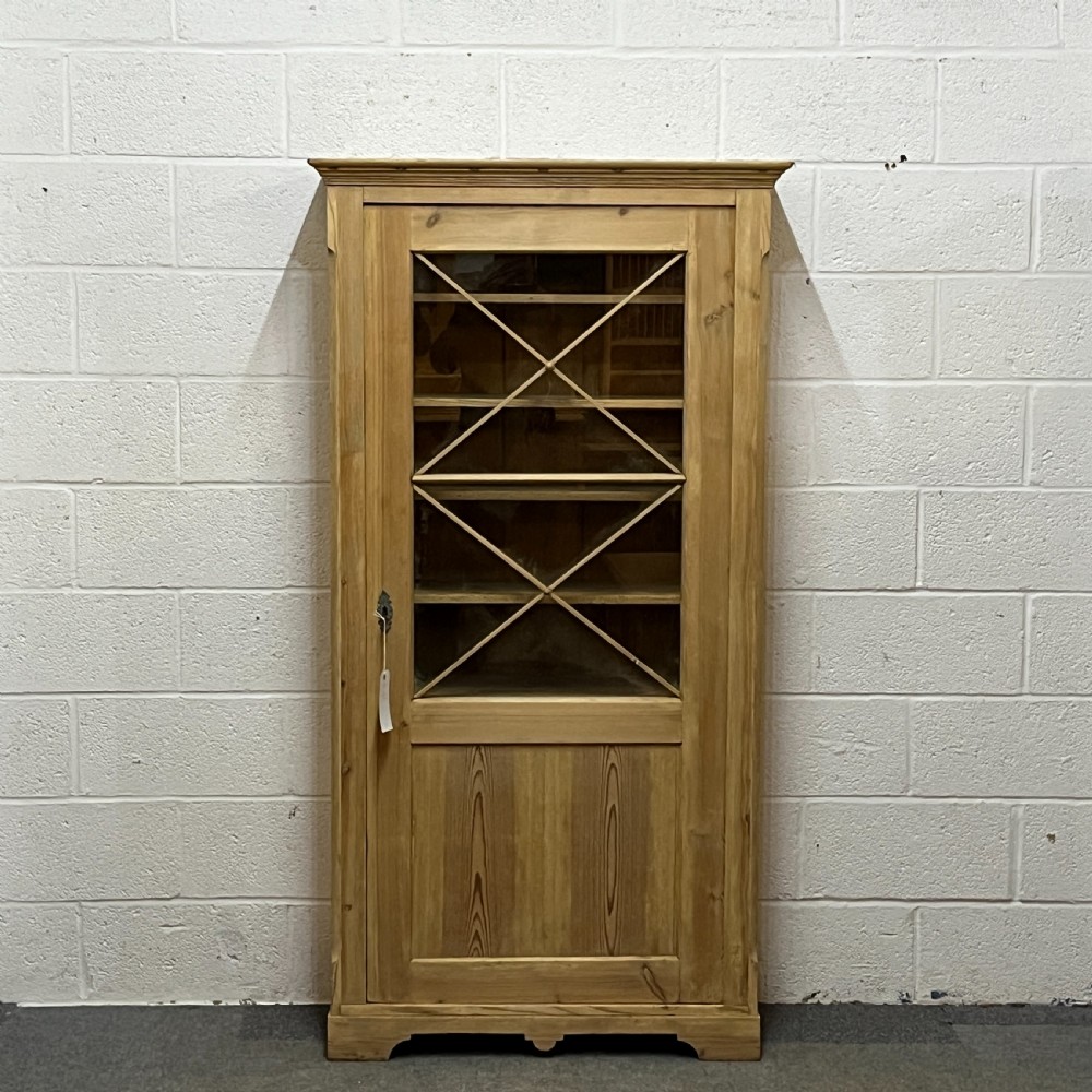 Tall, Slender Old Pine Cupboard With Glazed Door