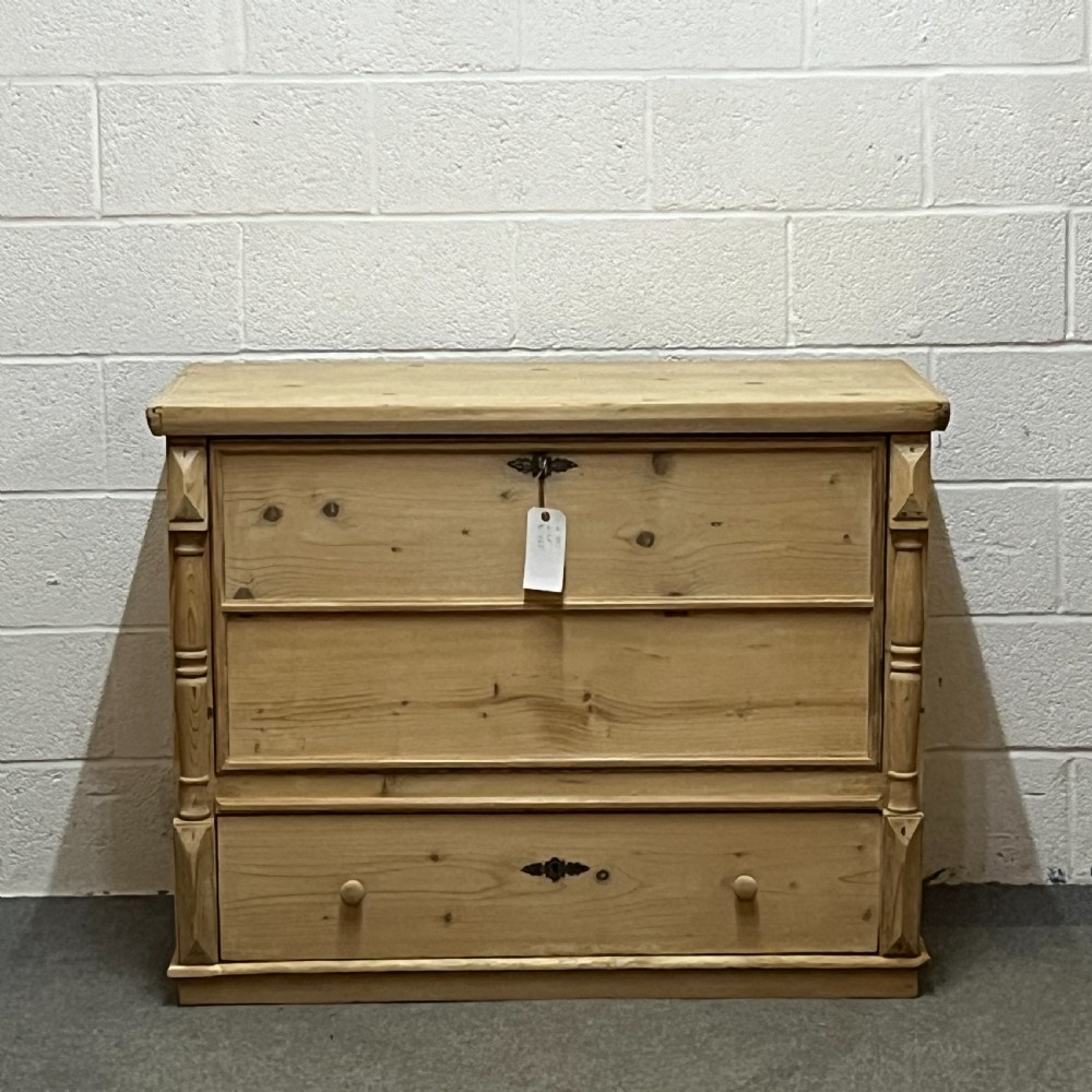 Spacious Old Pine Chest With Hinged Front Flap And Bottom Drawer View II