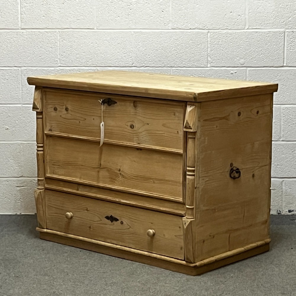 Spacious Old Pine Chest With Hinged Front Flap And Bottom Drawer View III