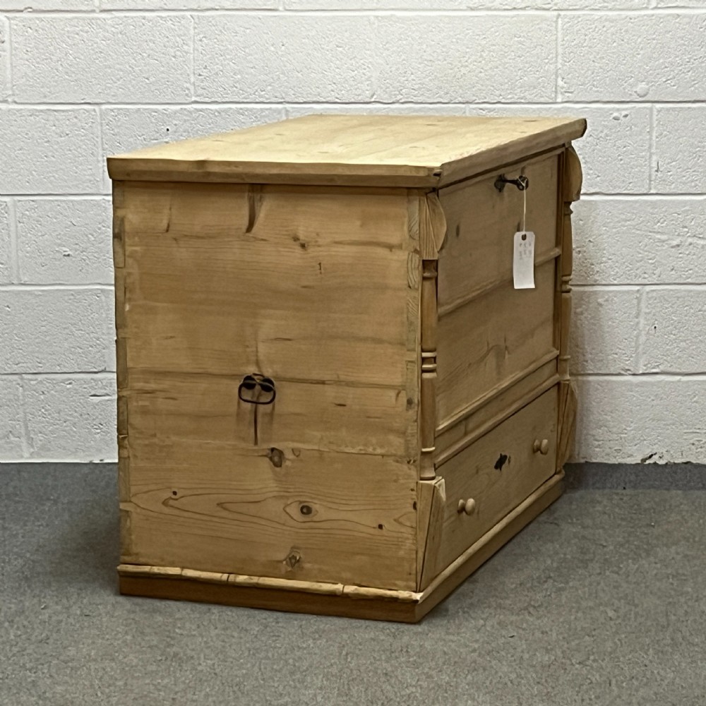 Spacious Old Pine Chest With Hinged Front Flap And Bottom Drawer View IV