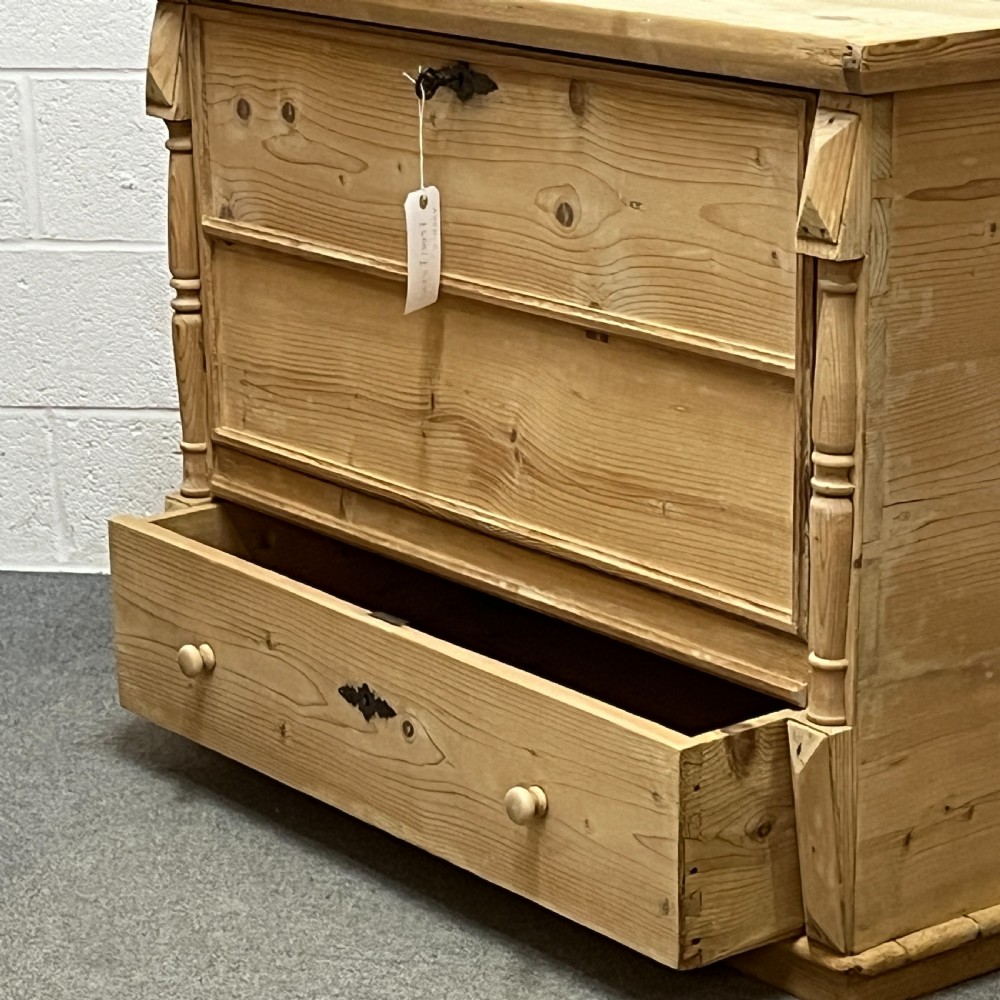 Spacious Old Pine Chest With Hinged Front Flap And Bottom Drawer View V