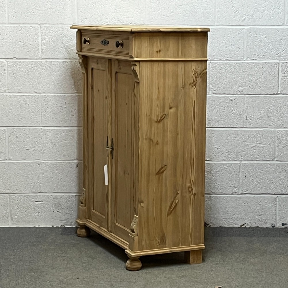 Tall Slim Antique Pine 2 Door Cupboard With Top Drawer View II