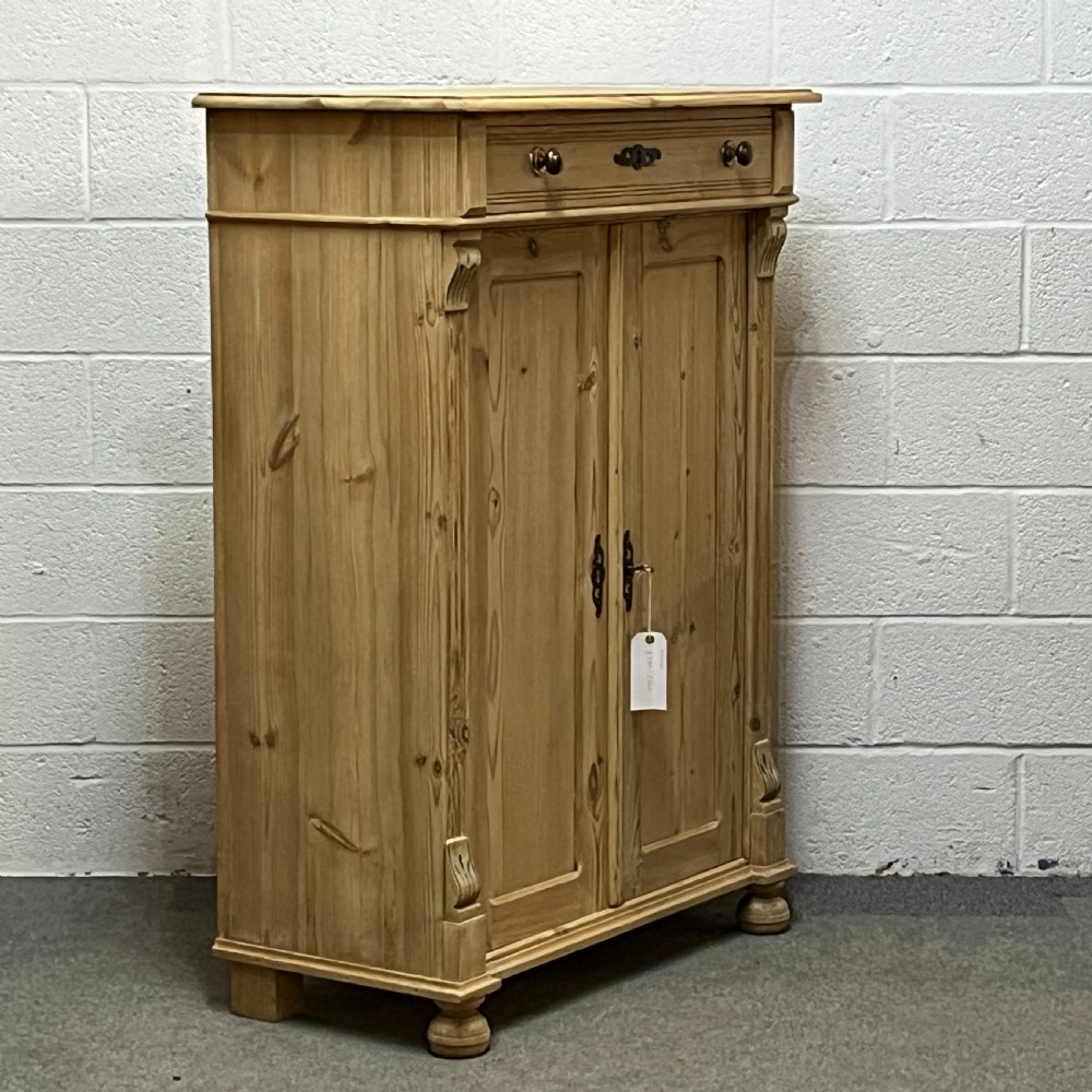 Tall Slim Antique Pine 2 Door Cupboard With Top Drawer View III