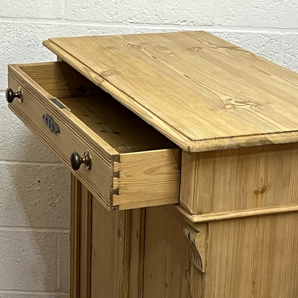 Tall Slim Antique Pine 2 Door Cupboard With Top Drawer View VI