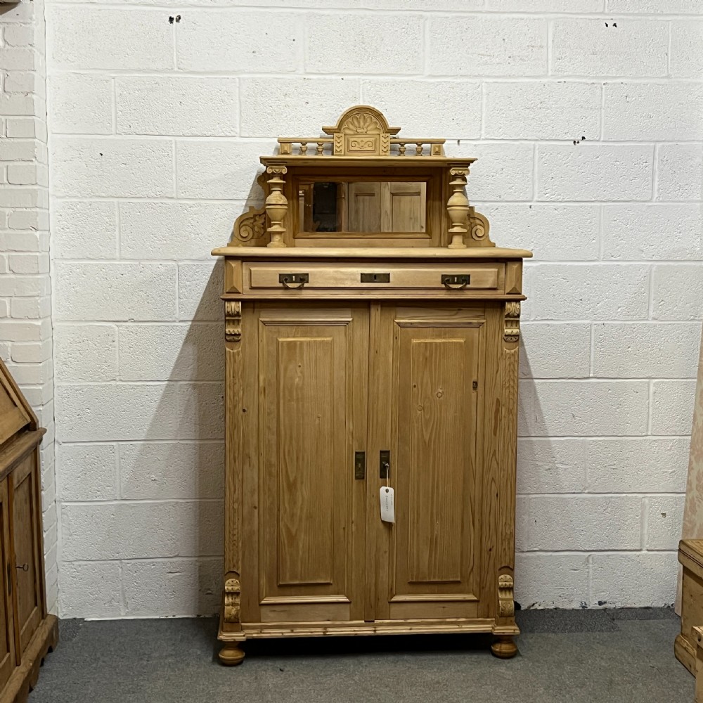 Tall Antique Pine Cupboard Mirror Top