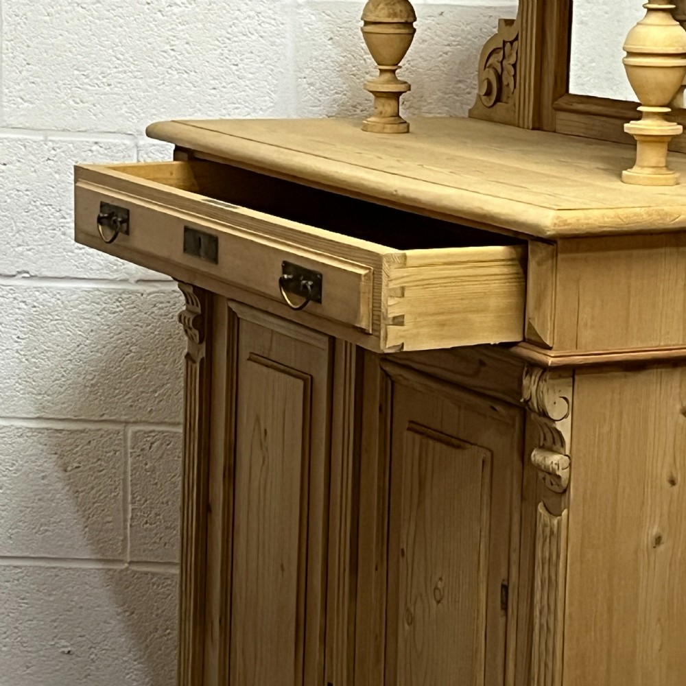 Tall Antique Pine Cupboard Mirror Top View VI