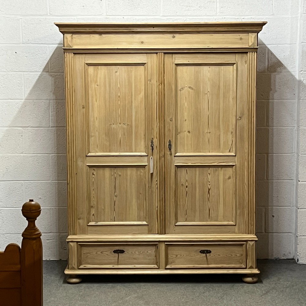 Large Antique Pine Double Wardrobe With Bottom Drawers (Dismantles)