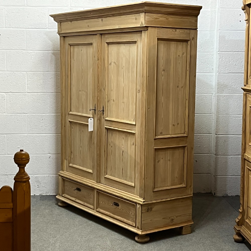 Large Antique Pine Double Wardrobe With Bottom Drawers (Dismantles) View II