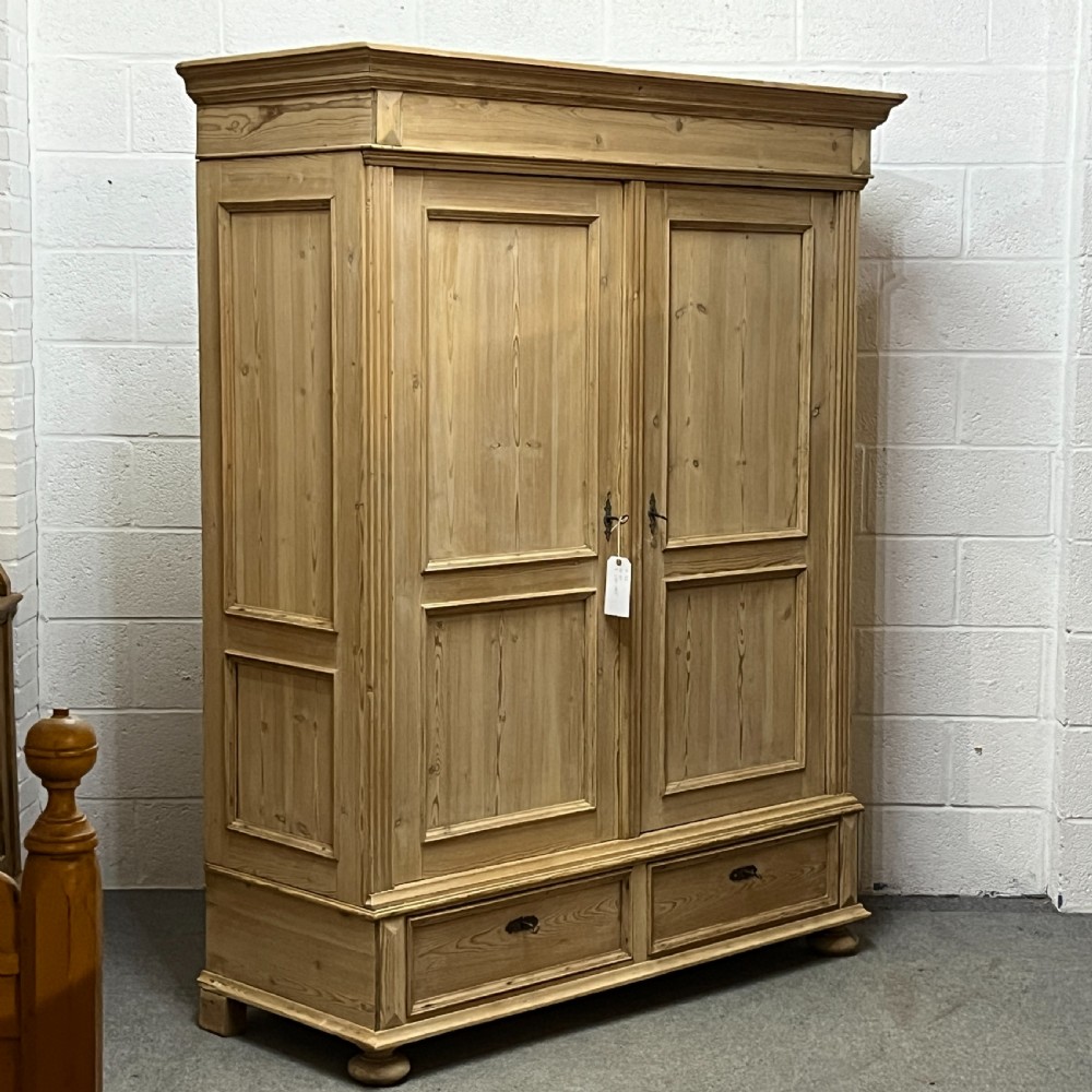 Large Antique Pine Double Wardrobe With Bottom Drawers (Dismantles) View III