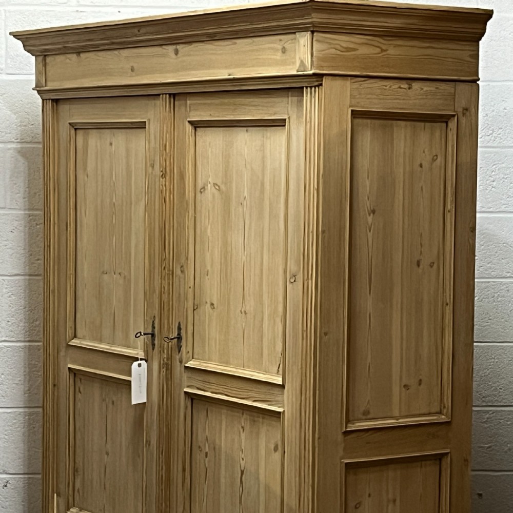 Large Antique Pine Double Wardrobe With Bottom Drawers (Dismantles) View IV