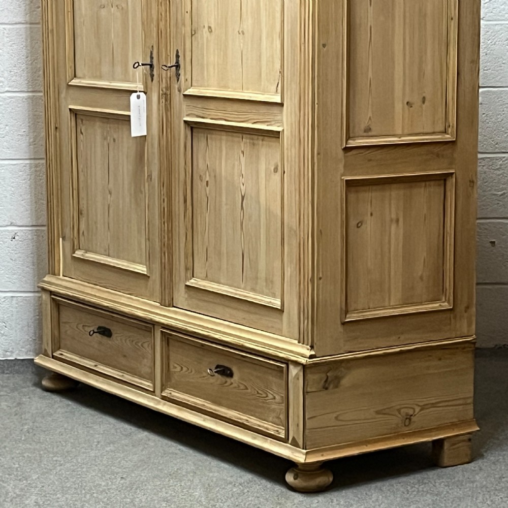 Large Antique Pine Double Wardrobe With Bottom Drawers (Dismantles) View V