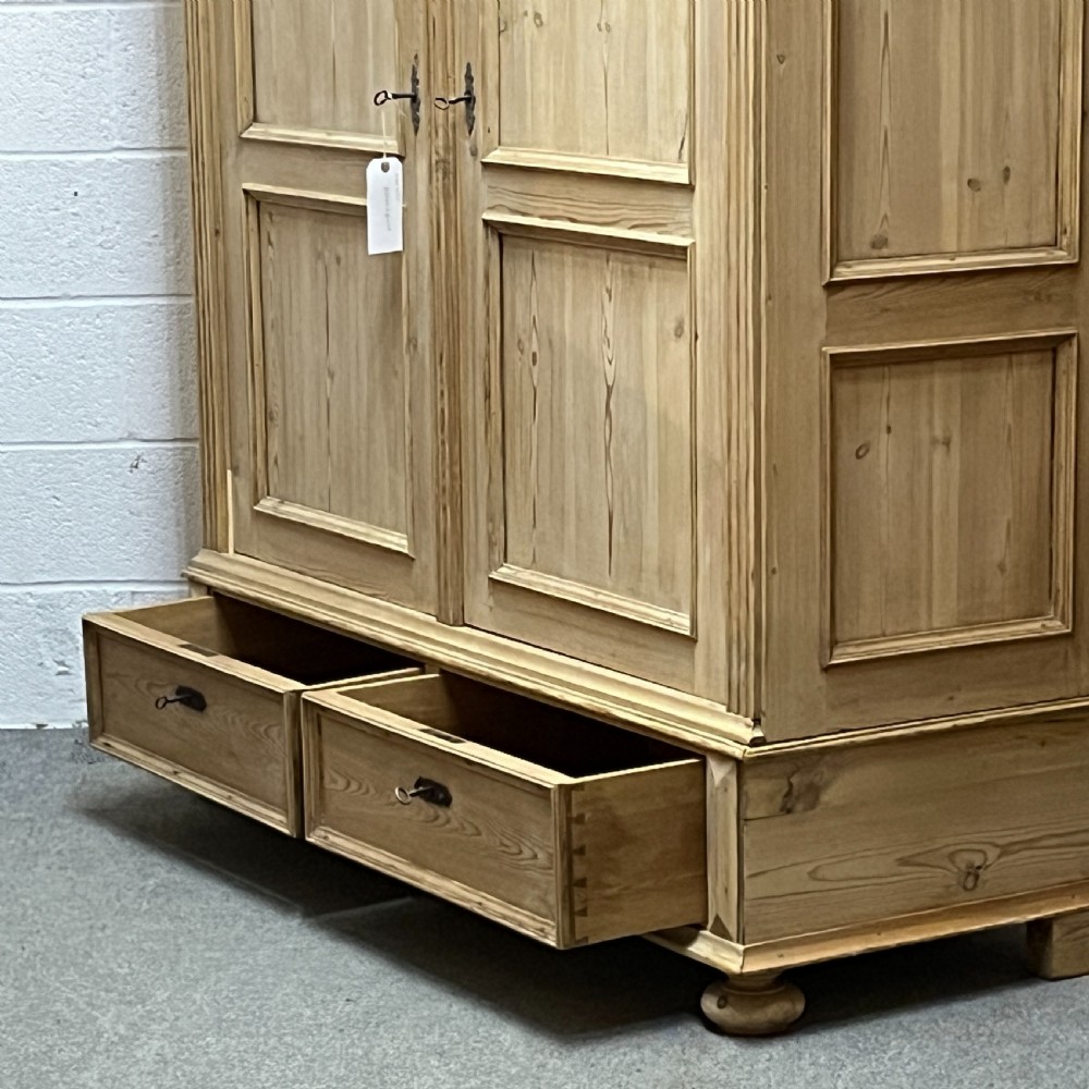 Large Antique Pine Double Wardrobe With Bottom Drawers (Dismantles) View VI