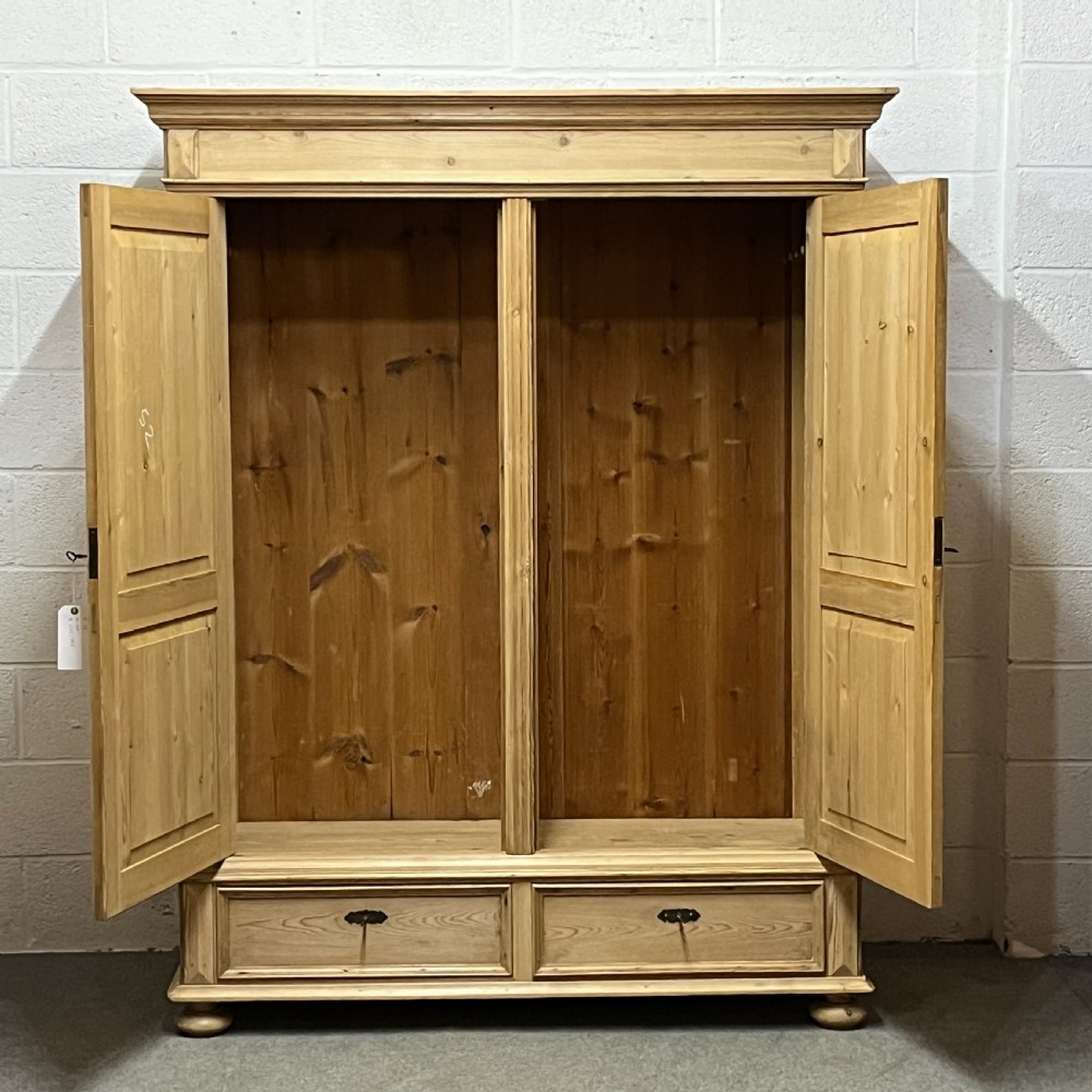 Large Antique Pine Double Wardrobe With Bottom Drawers (Dismantles) View VIII