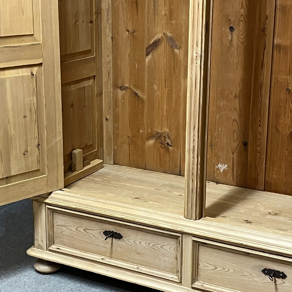 Large Antique Pine Double Wardrobe With Bottom Drawers (Dismantles) View IX