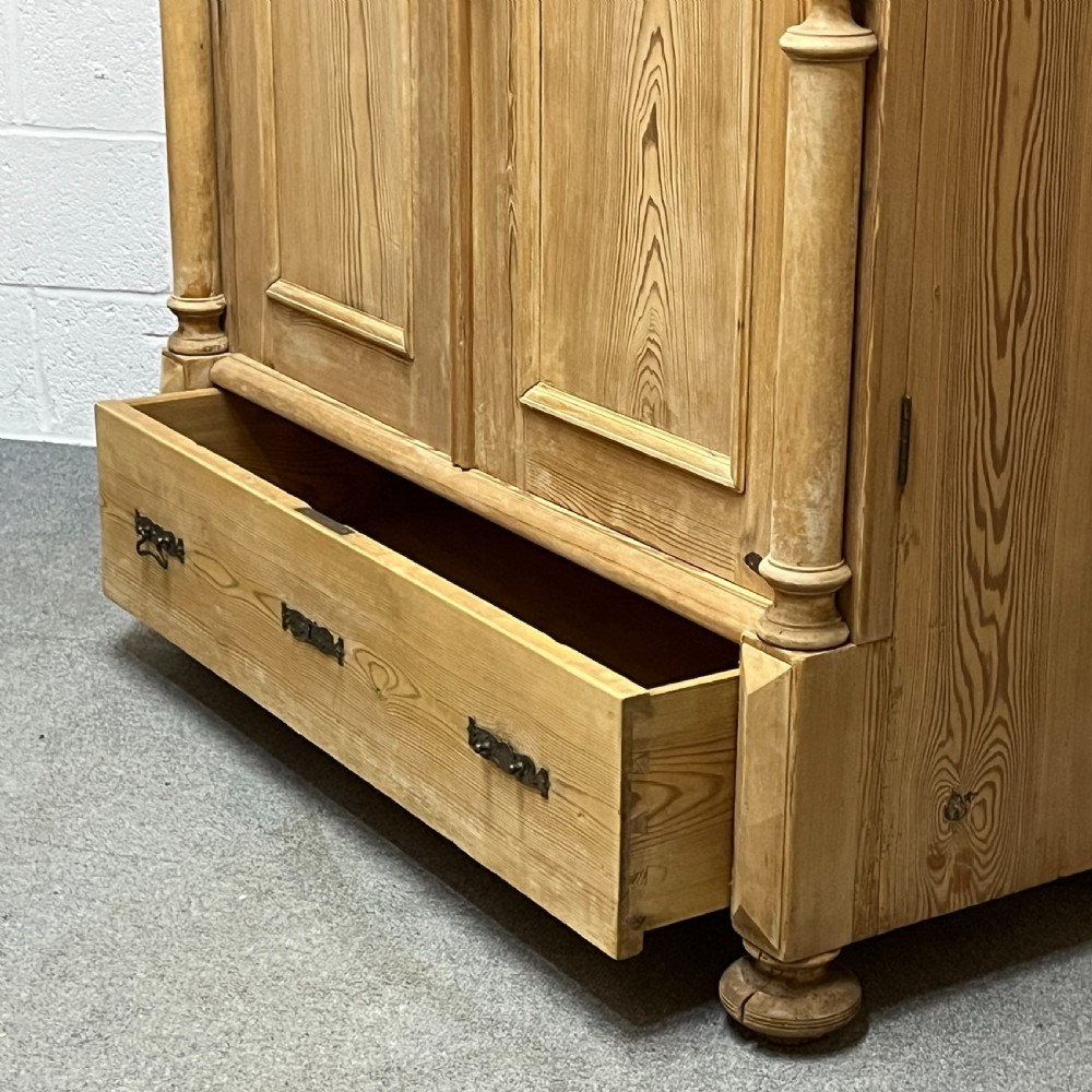 Small Antique Pine Double Wardrobe With Bottom Drawer View X