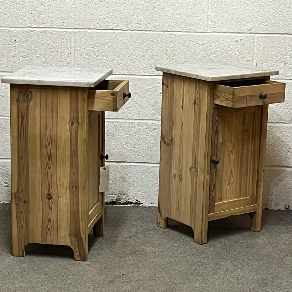Pair Of Marble Top Antique Pine Bedside Cupboards View III