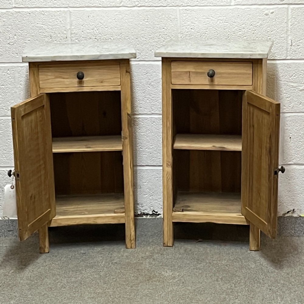 Pair Of Marble Top Antique Pine Bedside Cupboards View VI