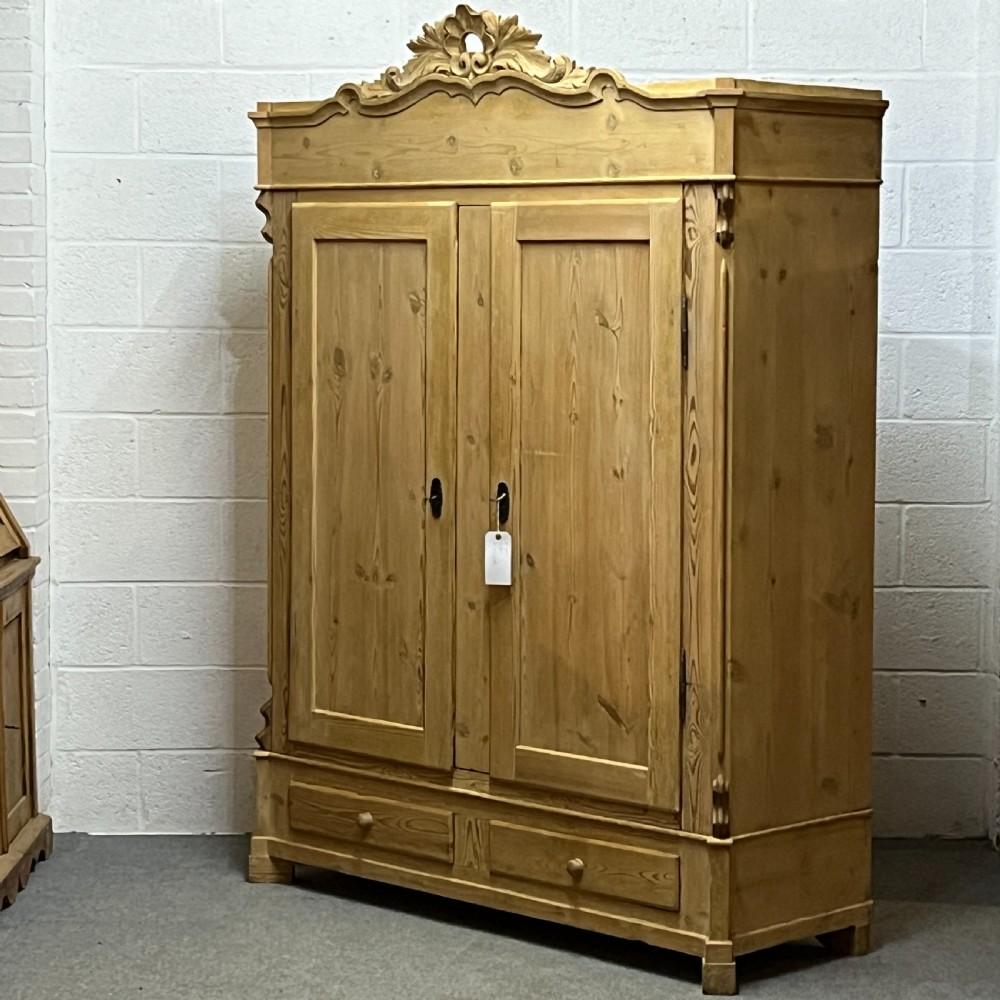 Large Decorative Antique Pine Double Wardrobe (Dismantles) View II