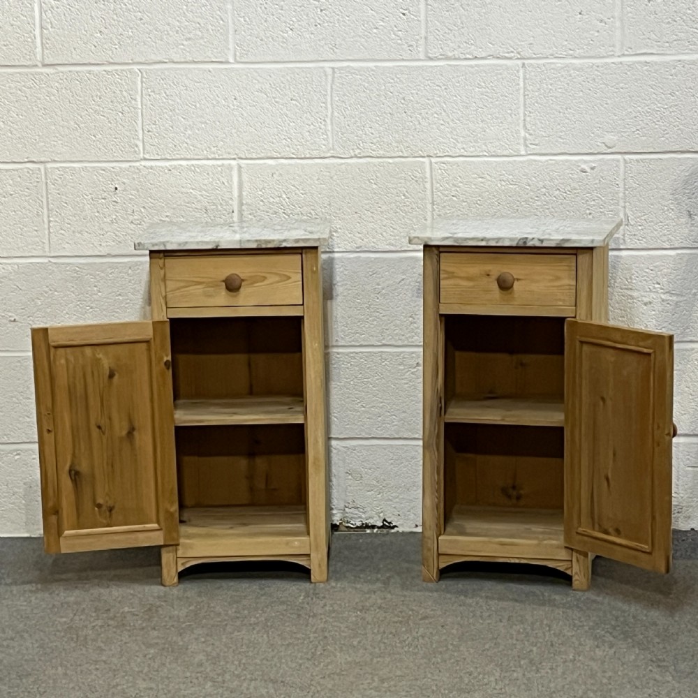 Pair Of Marble Top Antique Pine Bedside Cupboards View IV