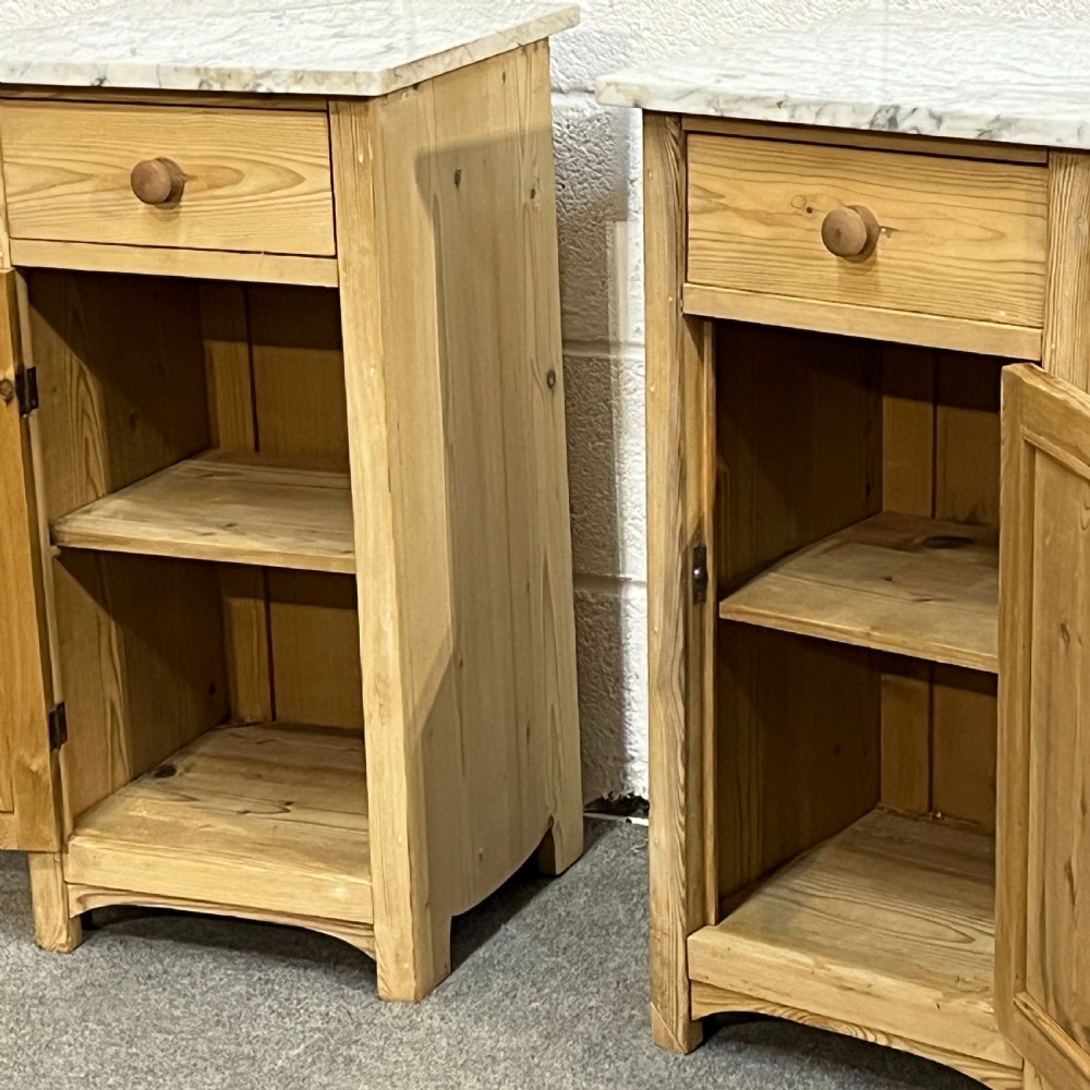 Pair Of Marble Top Antique Pine Bedside Cupboards View V