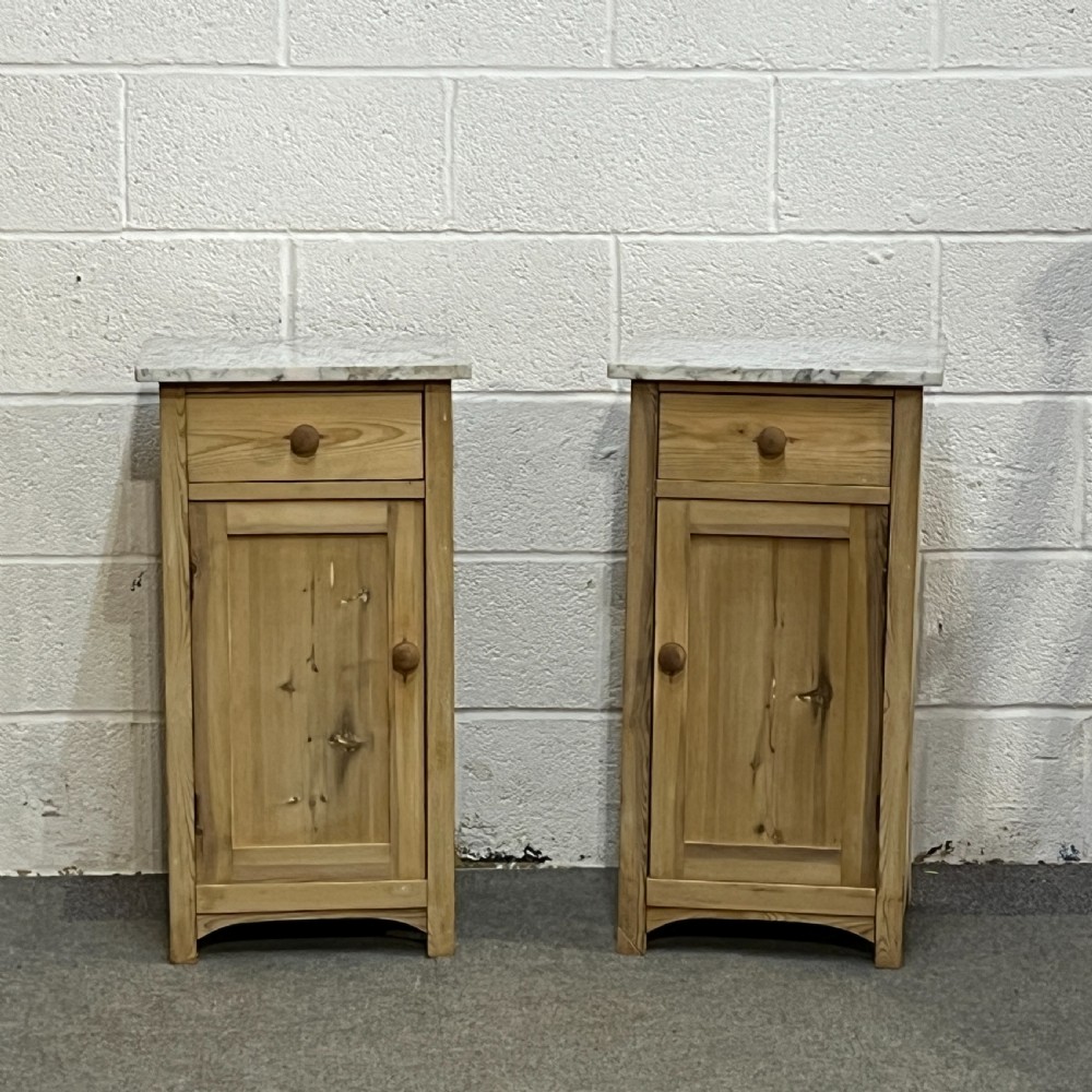 Pair Of Marble Top Antique Pine Bedside Cupboards