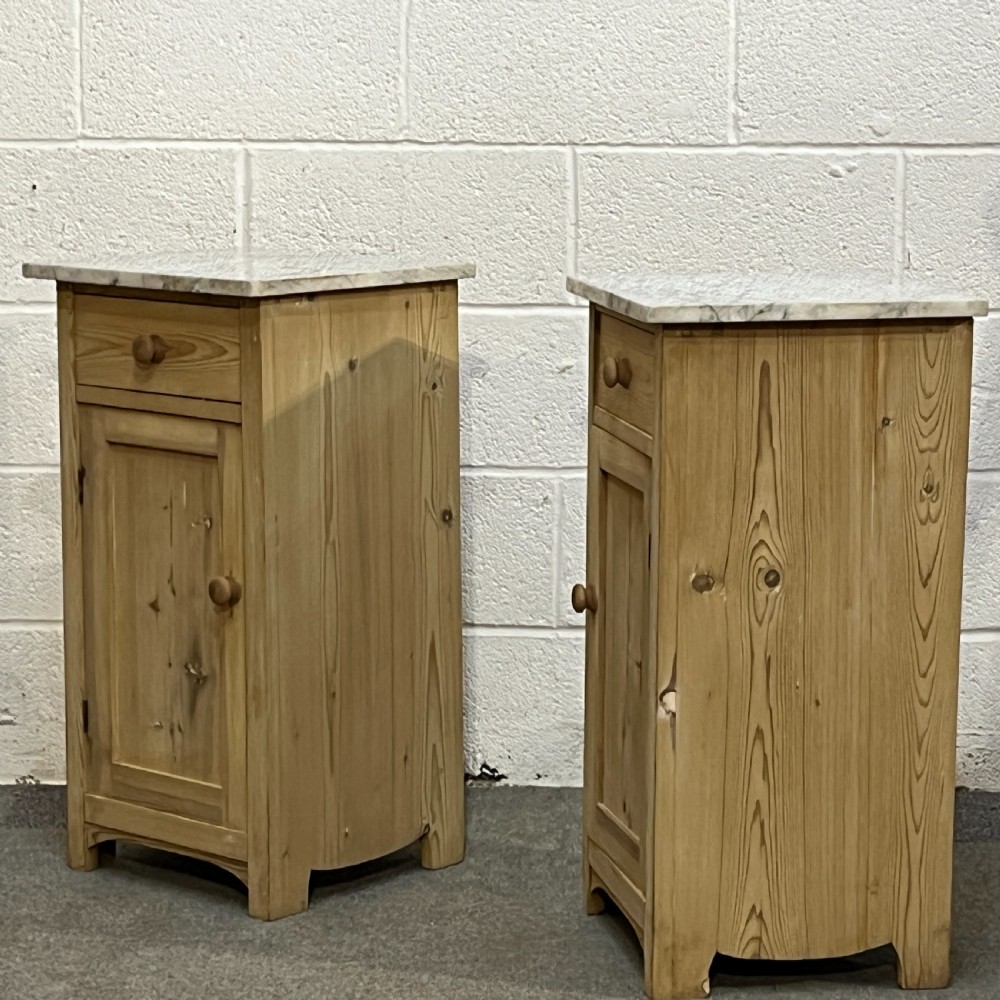 Pair Of Marble Top Antique Pine Bedside Cupboards View III