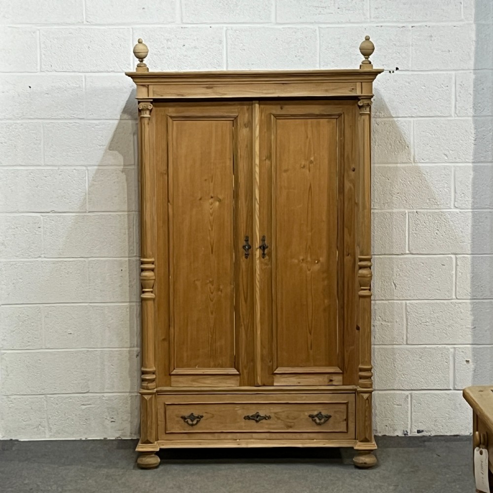 Small Column Antique Pine Double Wardrobe With Bottom Drawer
