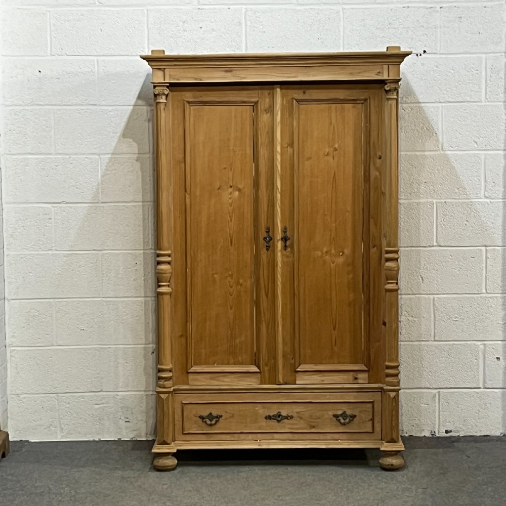 Small Column Antique Pine Double Wardrobe With Bottom Drawer View II