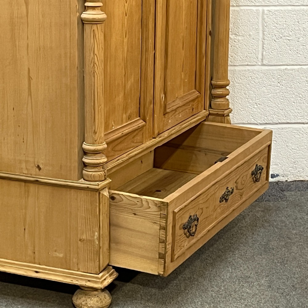 Small Column Antique Pine Double Wardrobe With Bottom Drawer View XI