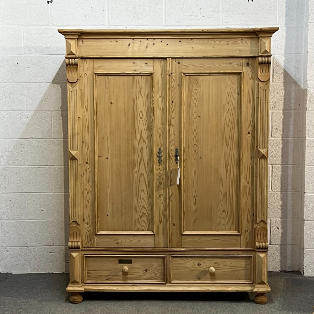 Large Antique Pine Double Wardrobe With Drawers
