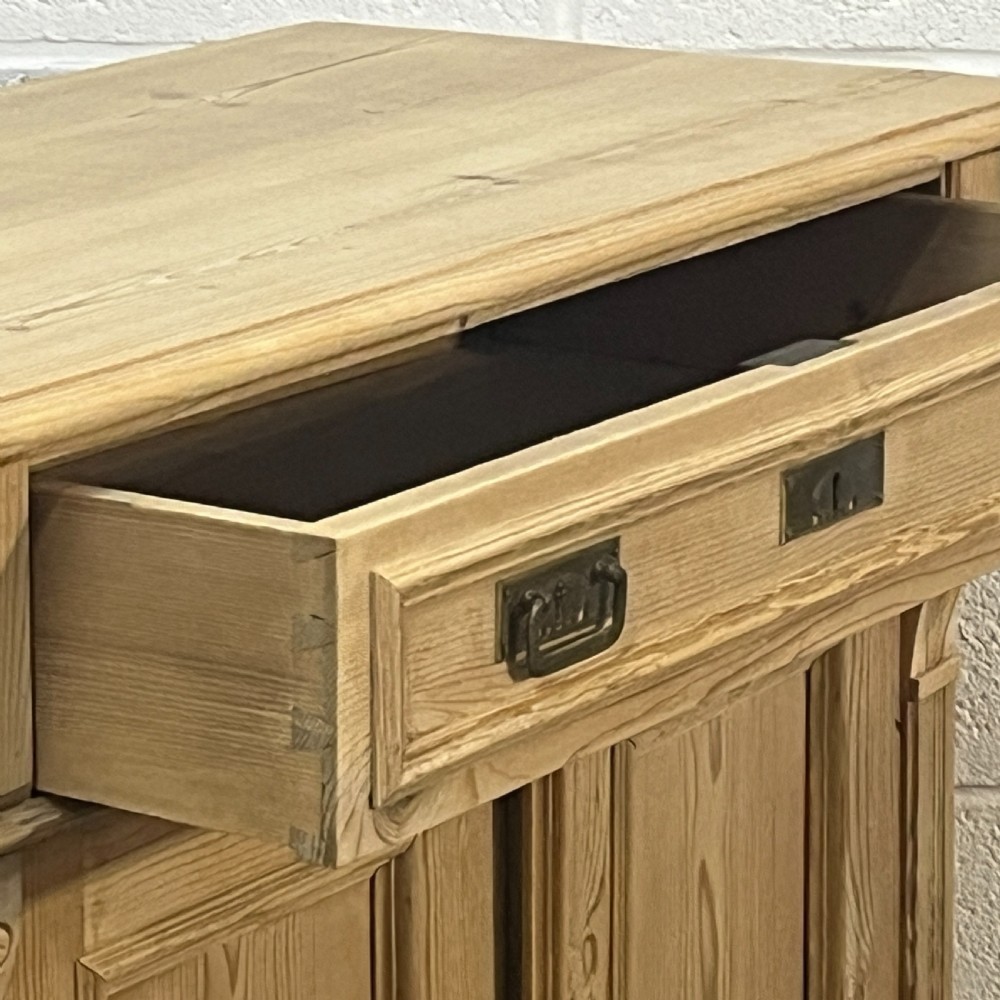 Tall Slim Shelved Antique Pine Cupboard With Top Drawer View V