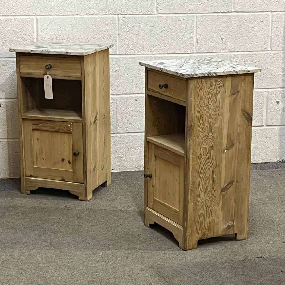 Pair Of Small Marble Top Antique Pine Bedside Cupboards View II