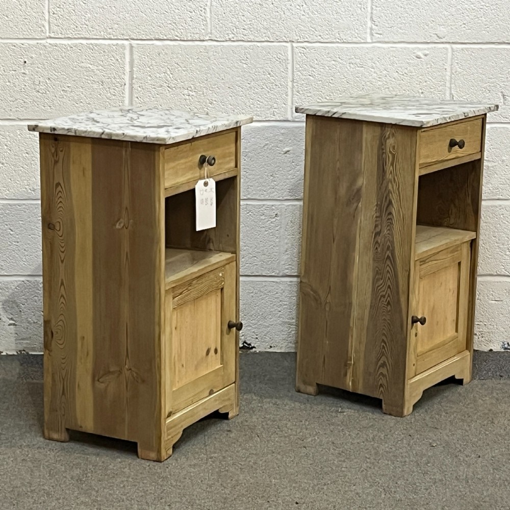 Pair Of Small Marble Top Antique Pine Bedside Cupboards View III