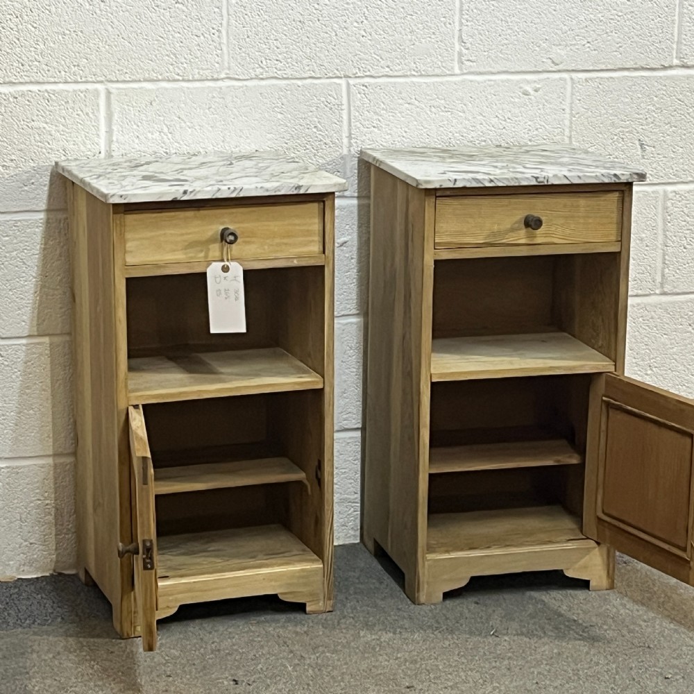 Pair Of Small Marble Top Antique Pine Bedside Cupboards View IV