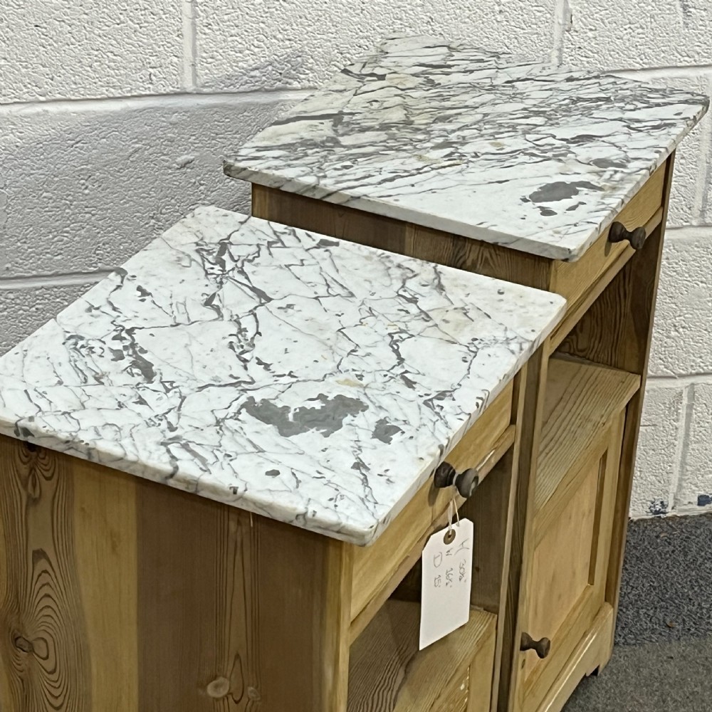 Pair Of Small Marble Top Antique Pine Bedside Cupboards View V