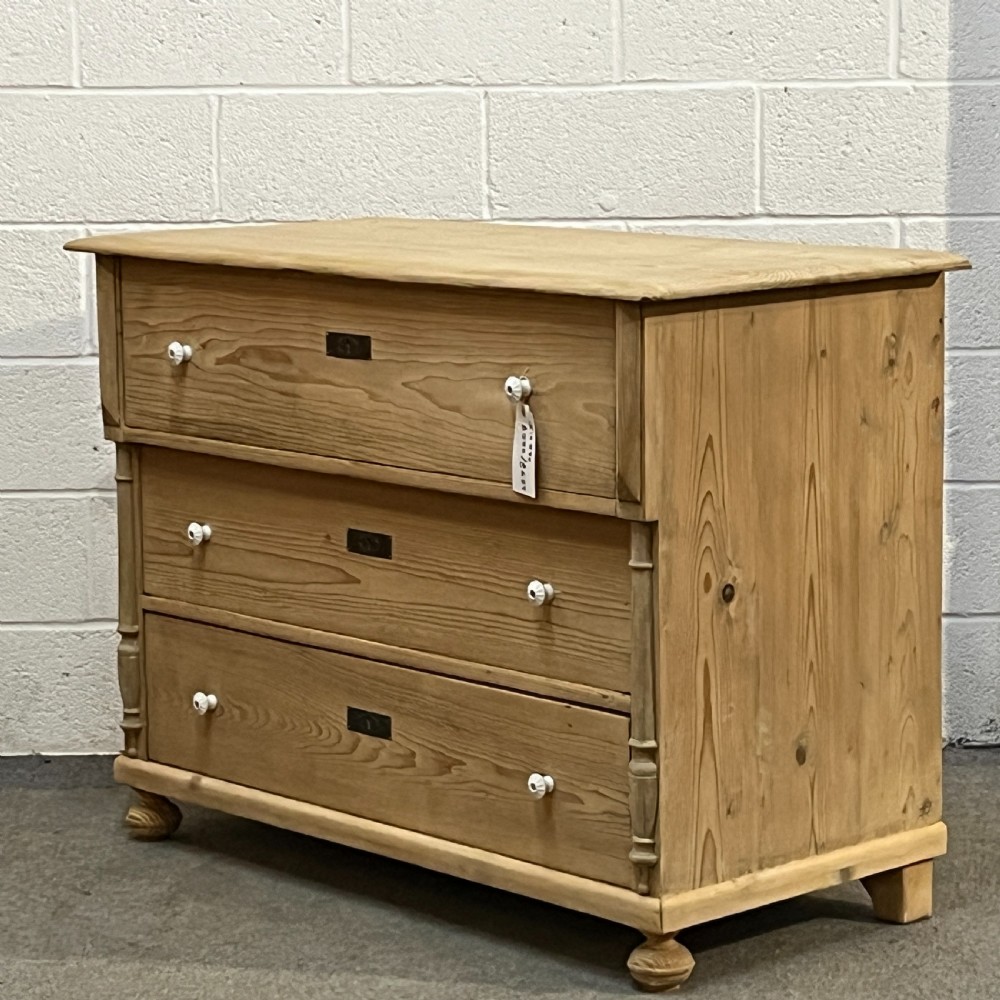Large 3 Drawer Antique Pine Chest Of Drawers With White Porcelain Knobs View II