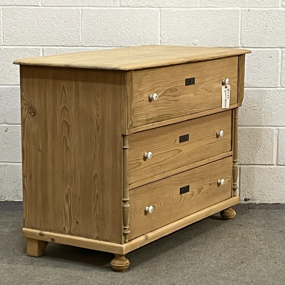 Large 3 Drawer Antique Pine Chest Of Drawers With White Porcelain Knobs View III