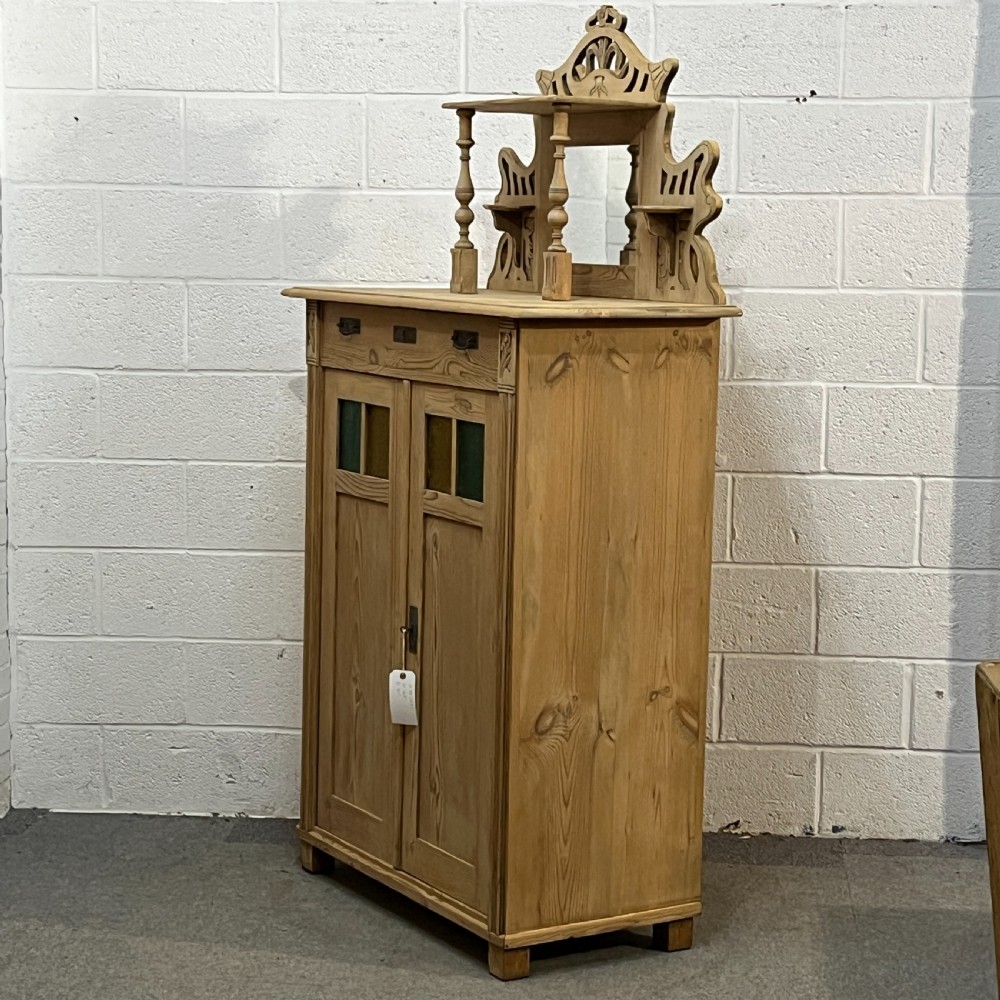 Tall Antique Pine Cupboard With Decorative Top View III