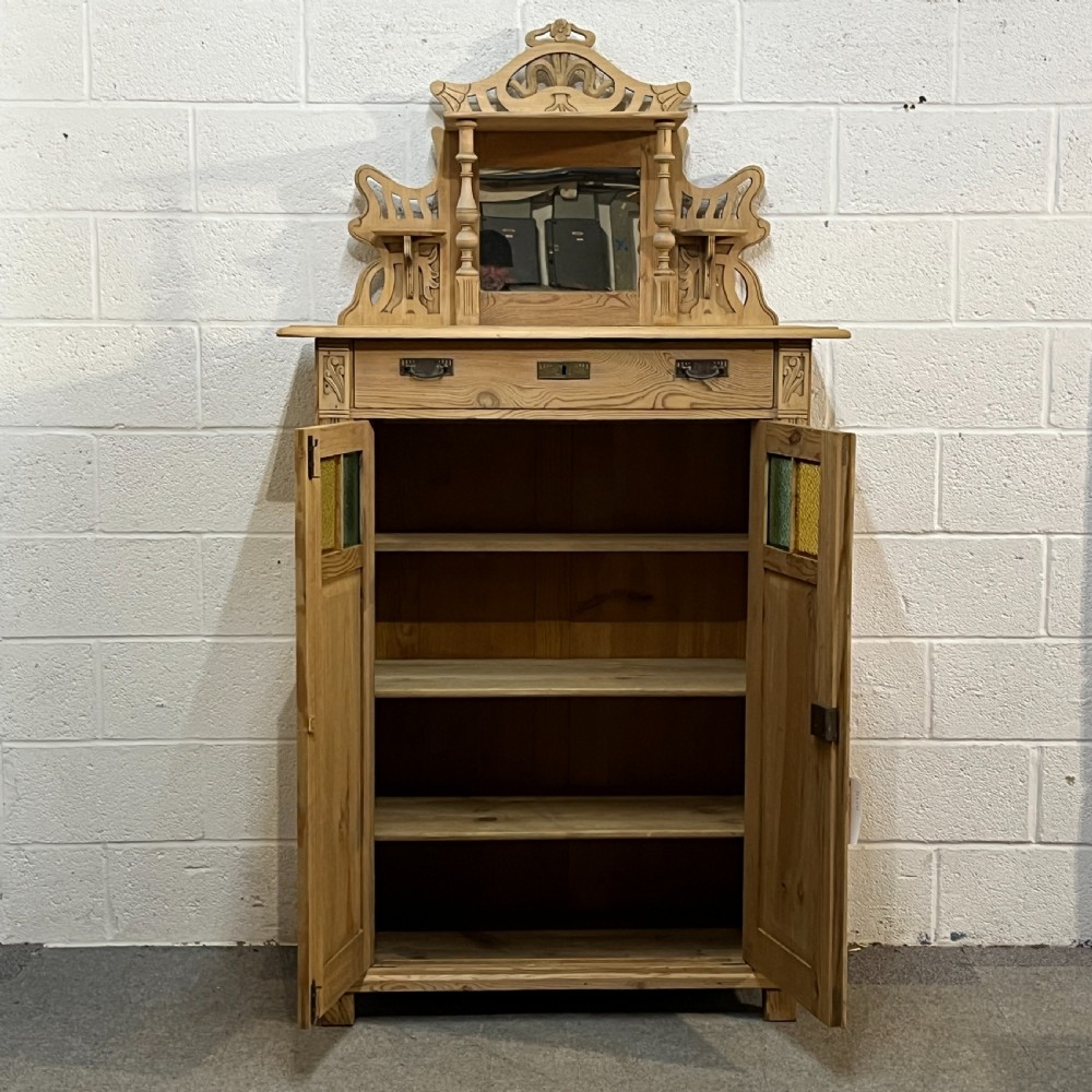 Tall Antique Pine Cupboard With Decorative Top View V