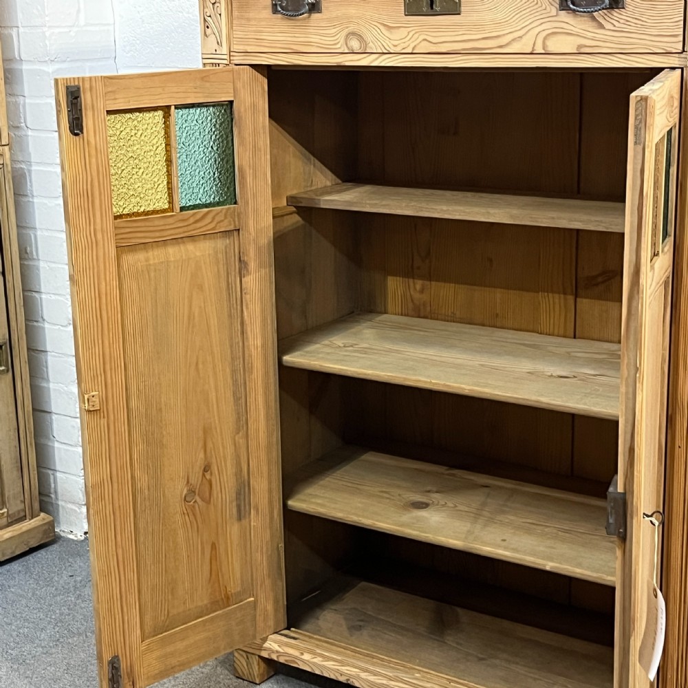 Tall Antique Pine Cupboard With Decorative Top View VI