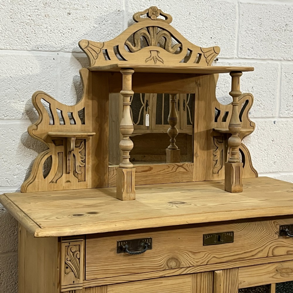 Tall Antique Pine Cupboard With Decorative Top View VII
