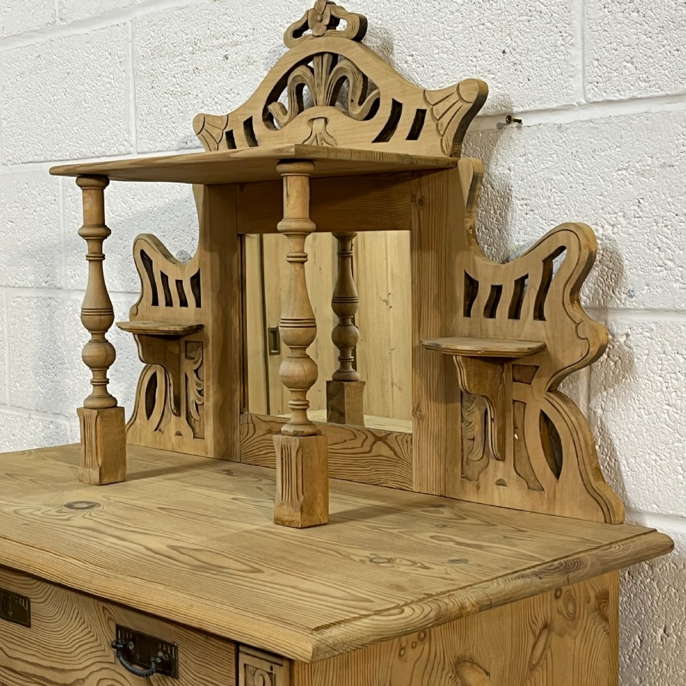 Tall Antique Pine Cupboard With Decorative Top View VIII