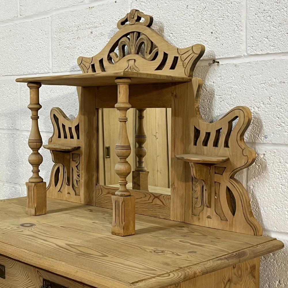 Tall Antique Pine Cupboard With Decorative Top View IX