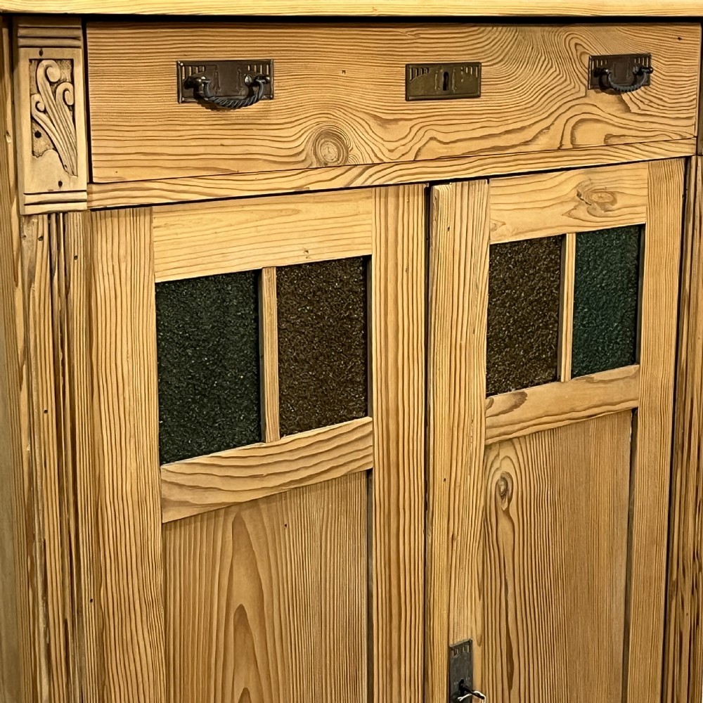 Tall Antique Pine Cupboard With Decorative Top View X