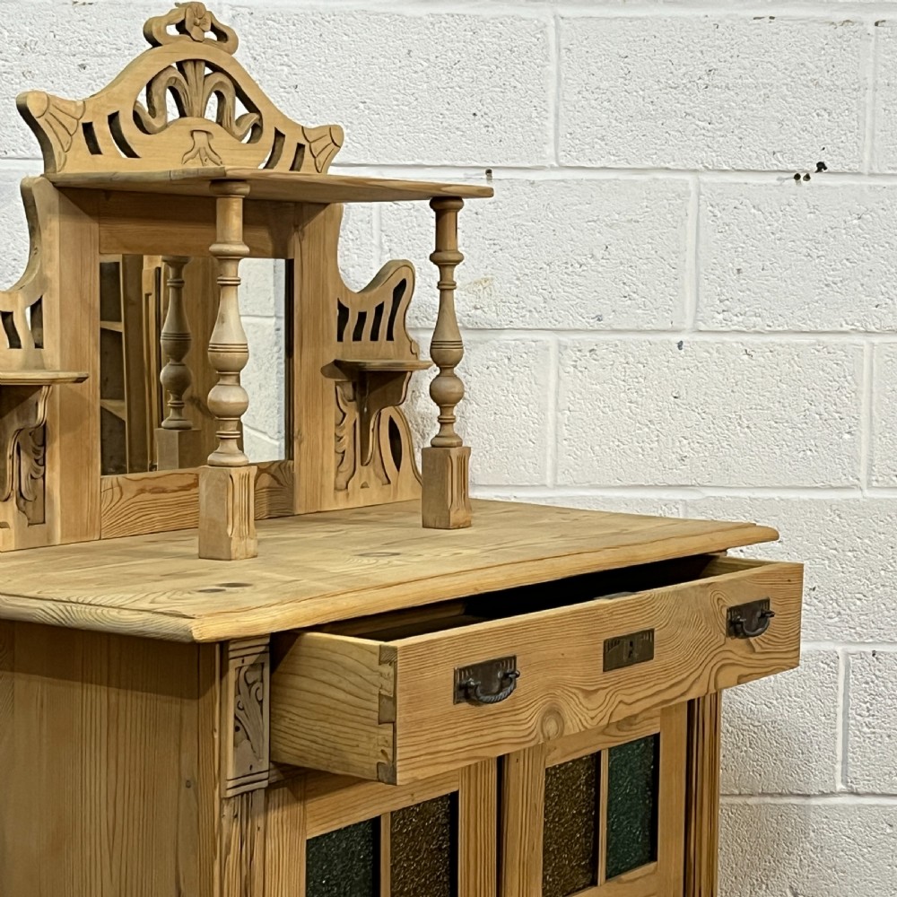 Tall Antique Pine Cupboard With Decorative Top View XI